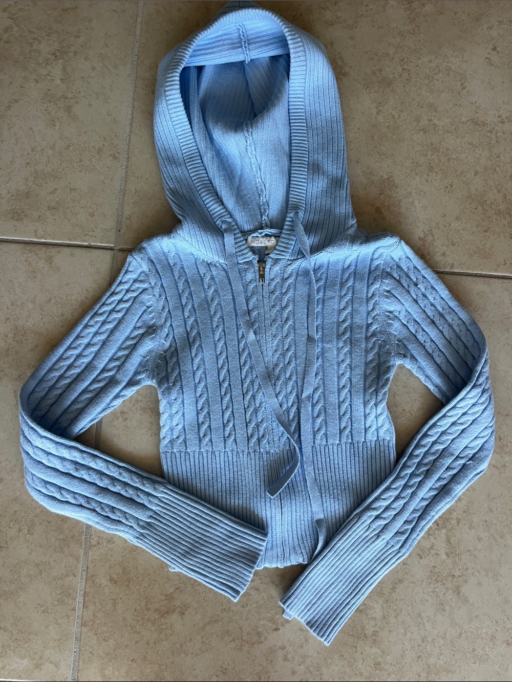 XS Light Blue Cable-Knit Hooded Zip Sweater - Women